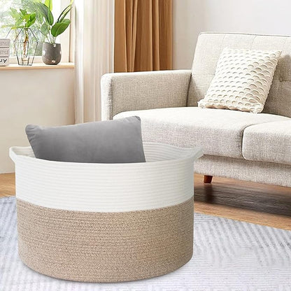 Large Rope Storage Basket, 22" X 22" X 14" Extra Large Woven Baskets for Storage, Cotton Rope Basket for Blankets Toys, Wicker Storage Baskets for Organizing, Wicker Laundry Basket Hamper