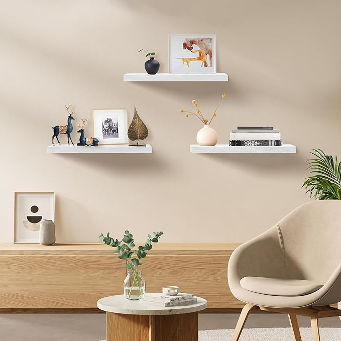 Floating Shelves for Wall Set of 3, 24" White Wall Shelves for Home Decor, Frame Display White Floating Shelf for Living Room, Bedroom, Bathroom, Kitchen