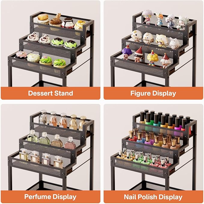 Display Riser Stand Perfume Cologne Organizer, Rolling Makeup Storage Cart with Fabric Drawers, Floor Vanity Cosmetics Display Cases for Skin Care Nail Polish Figures Rustic Brown Ladder Stand