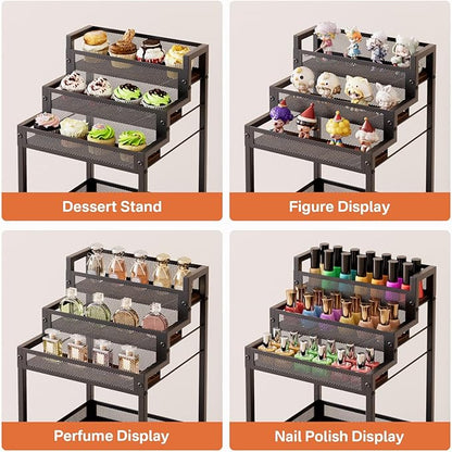 Display Riser Stand Perfume Cologne Organizer, Rolling Makeup Storage Cart with Fabric Drawers, Floor Vanity Cosmetics Display Cases for Skin Care Nail Polish Figures Rustic Brown Ladder Stand