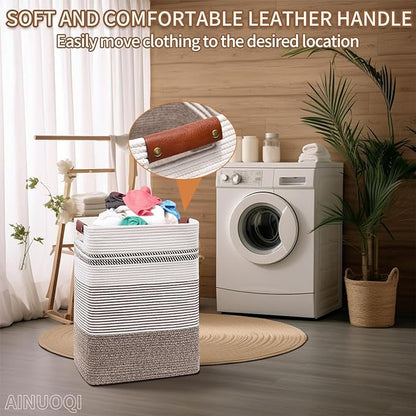 Laundry Hamper - Tall Woven Rope Laundry Basket - Clothes hamper with Leather Handles, 17" X 13.8" X 22", Blanket Storage Basket for Living Room, Rice Brown & White
