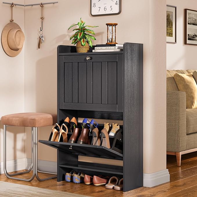 Gizoon Shoe Cabinet with Open Storage, Shoe Storage Cabinet for Entryway, Freestanding Narrow Rack with 2 Flip Drawers, Space-Saving, for Hallway, Black