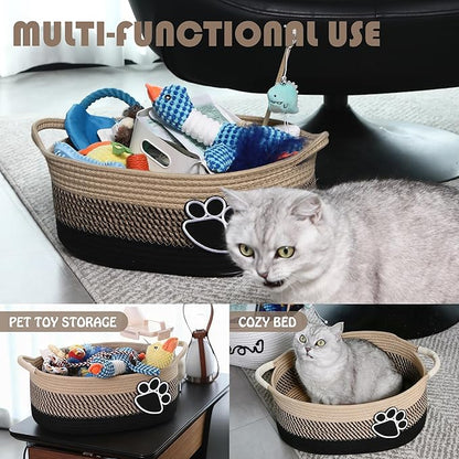 Sea Team Pet Toy Storage Basket with Handles, 16.5 x 11 x 7 Inches, 4.4 Gallons Large Cotton Rope Storage Bin, Shelf Basket, Organizer for Cat, Dog Chew Toys, Foods, Flaxen & Black Paws