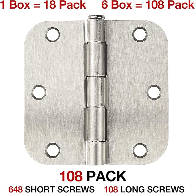 JIW 108 Pack Nickel Door Hinges Brushed Nickel 3-1/2 Interior Satin Nickel 3.5 Inch x 3.5" with 5/8" Radius Corners 3 ½" Silver Bedroom Residential