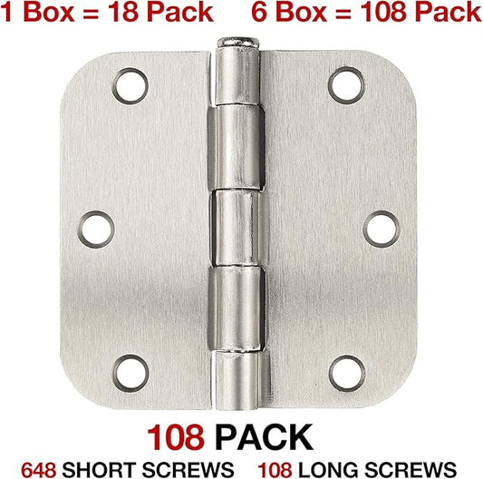 JIW 108 Pack Nickel Door Hinges Brushed Nickel 3-1/2 Interior Satin Nickel 3.5 Inch x 3.5" with 5/8" Radius Corners 3 ½" Silver Bedroom Residential