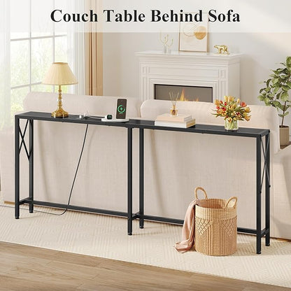 Console Table Narrow Long, Behind Couch Table with Oulets & USB Ports, Industrial Long Skinny Stand for Entryway,Hallway, Living Room, Bedroom Black, 7.9" D x 70" W x 30.3" H