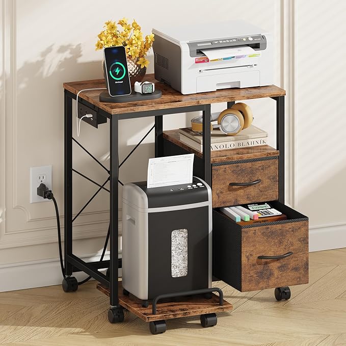 YAOHUOO Printer Stand with Power Outlet/Fabric Drawers, Printer Cabinet with Storage Shelf and Rolling Shredder Stand, Printer Table for Home Office, 22.8"×15" Rustic Brown