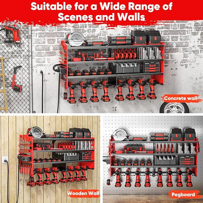 Large Power Tool Organizer Wall Mount with Charging Station,4 Layer Heavy Duty Metal Tool Storage Shelf Loads 600lbs,Battery Utility Rack With 4 Outlet Power Strip with 8 Cordless Drill Holder