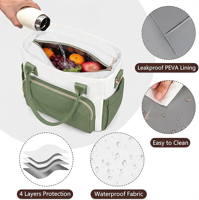 MIYCOO Lunch Bag Lunch Box Women - Leakproof Insulated Lunch Cooler Bag for Women - Large Lunch Tote Bags Adults, Green White
