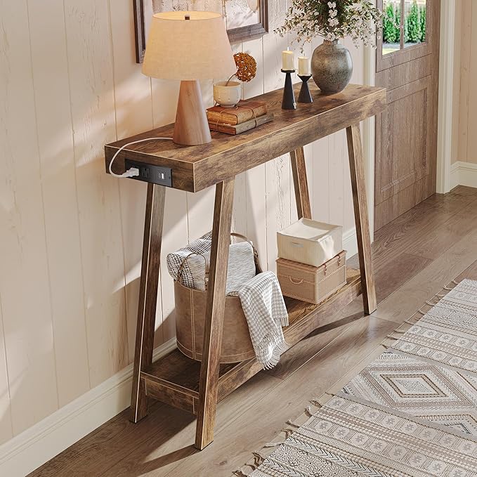 Huuger Console Table with Charging Station, USB-C Port, 2 Tiers Entryway Table, 39.4 Inch Sofa Table with Metal Legs, Entry Hallway Table with Thicker Desktop, Behind Couch Table, Rustic Brown