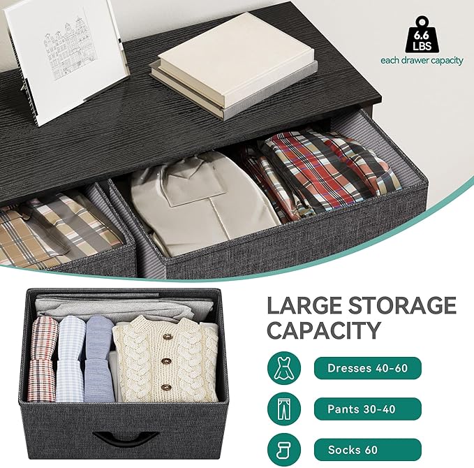 YITAHOME Dresser for Bedroom with 5 Drawers, Wide Bedroom Fabric Dresser with Storage Bins, Clothes Cabinet for Bedroom, Living Room, Hallway, Black Grey