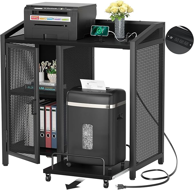 Unikito File Cabinet with Paper Shredder Stand On Wheel, Modern Vertical Filing Cabinet with Socket and USB Charging Port, Large Printer Stand with Adjustable Storage Shelf Rack for Home Office, Black