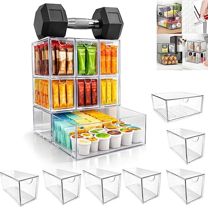 Coffee Pod and Tea Bag Organizer Drawer – Crystal-Clear Acrylic Tea Bag Drawer, Easy to Clean & Stackable for K-Cups, Tea, Sugar Packets in Office, Gym & Kitchen Cupboard (7-Pack)