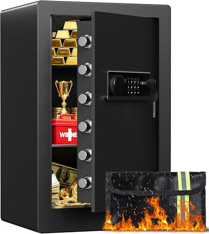 Large Steel Safe Box 3.0 Cuft for Home with LED Light, 6 Locking Bolts Electronic Safe Fireproof with Removable Shelves & Smart Alert, Digital Safe with Fireproof Bag for Document Hotel Office