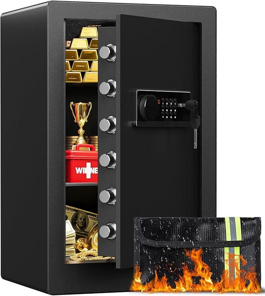 Large Steel Safe Box 3.0 Cuft for Home with LED Light, 6 Locking Bolts Electronic Safe Fireproof with Removable Shelves & Smart Alert, Digital Safe with Fireproof Bag for Document Hotel Office