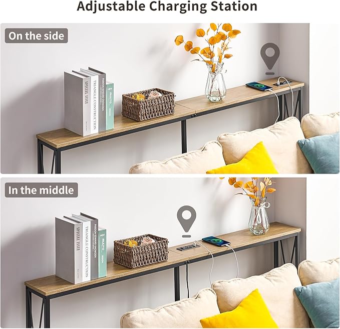 ELYKEN 5.9" Narrow Console Sofa Table with Power Outlets, 5.9" Dx63 Wx31.5 H Long Skinny Behind Couch Table with “X” Cross Metal Frame and Charge Station with 6.5’ Extension Cord, White Oak