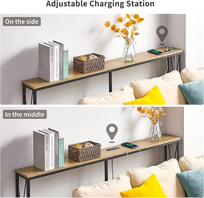 ELYKEN 5.9" Narrow Console Sofa Table with Power Outlets, 5.9" Dx63 Wx31.5 H Long Skinny Behind Couch Table with “X” Cross Metal Frame and Charge Station with 6.5’ Extension Cord, White Oak