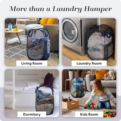 Handy Laundry Collapsible Mesh Pop Up Hamper with Wide Opening and Side Pocket - Breathable, Sturdy, Foldable, and Space-Saving Design for Clothes and Storage (Blue | 2-Pack)