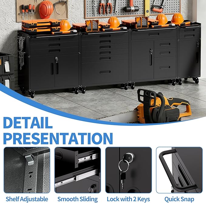 Small Garage Storage Cabinet with Wheels, Metal Rolling Tool Cabinet with 2 Drawers and 1 Door, Heavy Duty Tool Cabinet with Workbench, Assembly Required, Black