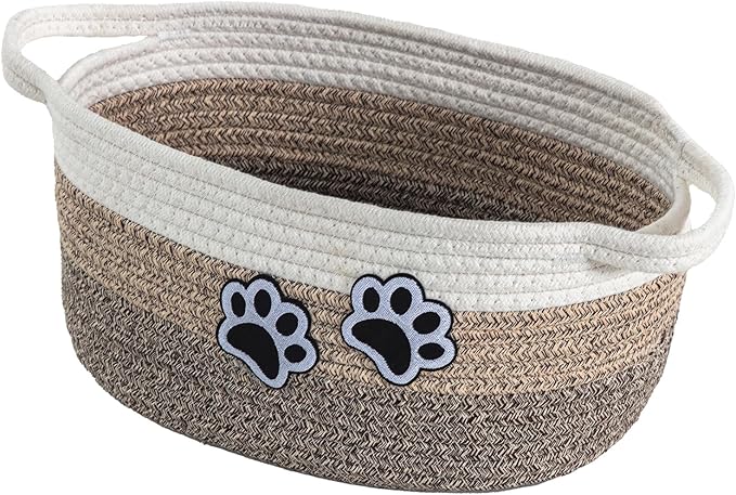 Small Woven Cotton Rope Nursery Organizer Bins, Dog Toy Basket Bins with Handle, Cute Empty Baby Gift Storage Baskets with Paw
