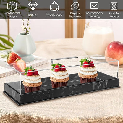 Rectangular Cake Tray with Lid, 14"x5" Acrylic Clear Cake Stand Platter, Marbleized Bakery Display Case Reusable Dessert Display Case Cake Tray for Countertop Cakes