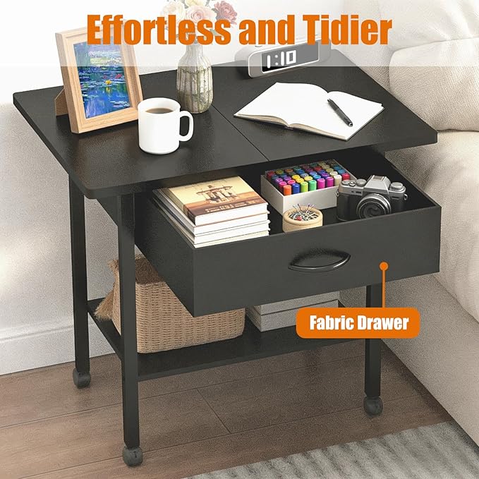 Large 22" x 15" Under Desk Printer Stand, 2-Tier Shelf Printer Table with Storage Fabric Drawer and Wheels, Rolling Cart for Home Office Fits 3D Printer, Scanner (Black)