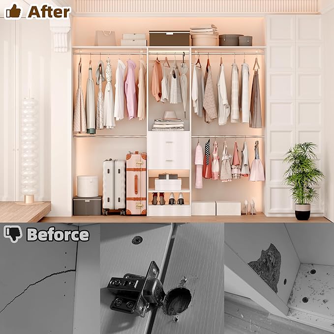 Closet System, Closet Organizer System With 2 Wood Drawers, Walk-In Closet Storage System With 5 Hanging Rods, Adjustable Cloth Garment Rack, Fits Spaces 4 to -9FT, White