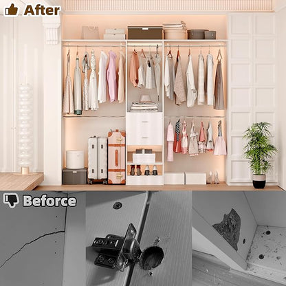 Closet System, Closet Organizer System With 2 Wood Drawers, Walk-In Closet Storage System With 5 Hanging Rods, Adjustable Cloth Garment Rack, Fits Spaces 4 to -9FT, White