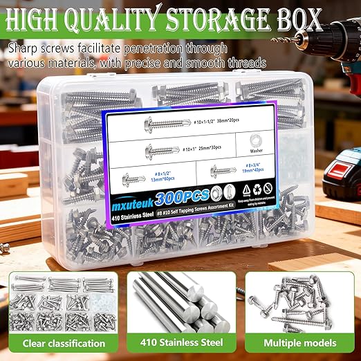 mxuteuk 300PCS #8#10 Self Tapping Screws for Metal,410 Stainless Steel Self Drilling Screws,Hex Washer Head Sheet Metal Screws Suitable for Wood, Metal or Tough Materials(150pcs Screw+150pcs Washer)