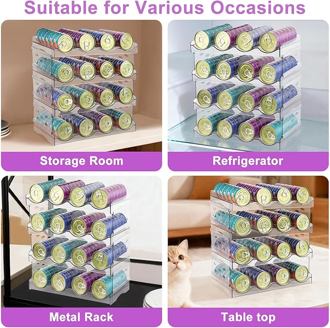 Cat Food Can Organizer, Can Organizer for Pantry, Transparent Cat Food Storage Container Holds 96 (3.5oz) Cans, Canned Food Organizer and Storage for Countertop Kitchen Cabinet (4 Tier-4 Layer)