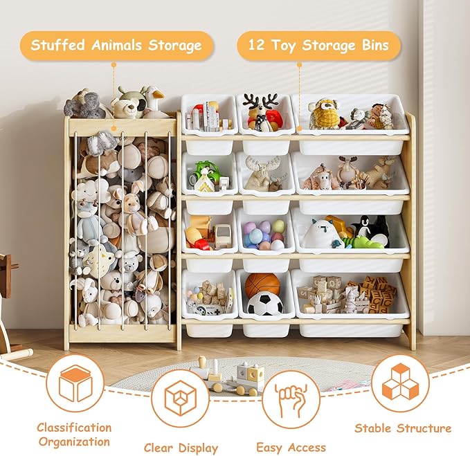 Kids Toy Storage Organizer, 2-in-1 Stuffed Animal Storage & Toy Organizer w/12 Bins, Solid Wood Toy Rack Featuring Thicker Elastic Ropes to Hold Toys, Playroom Nursery Bedroom Storage, White