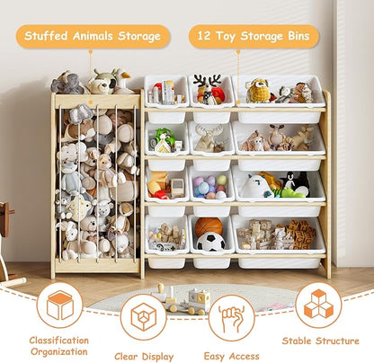 Kids Toy Storage Organizer, 2-in-1 Stuffed Animal Storage & Toy Organizer w/12 Bins, Solid Wood Toy Rack Featuring Thicker Elastic Ropes to Hold Toys, Playroom Nursery Bedroom Storage, White