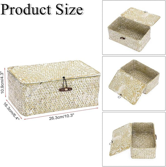 Hipiwe Wicker Shelf Baskets Bin with Lid Natural Seagrass Basket Storage Boxes Small Woven Basket Multipurpose Home Organizer Bins Box for Shelf Closet Bedroom Living Room Home Decor, Whitewash