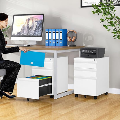 3 Drawer File Cabinet with Wheels,Under Desk File Cabinet with Lock,White Rolling Filing Cabinet,Three Drawer Metal Filing Cabinets for Home Office,Fit A4/Letter/Legal,Fully Assembled Except Casters