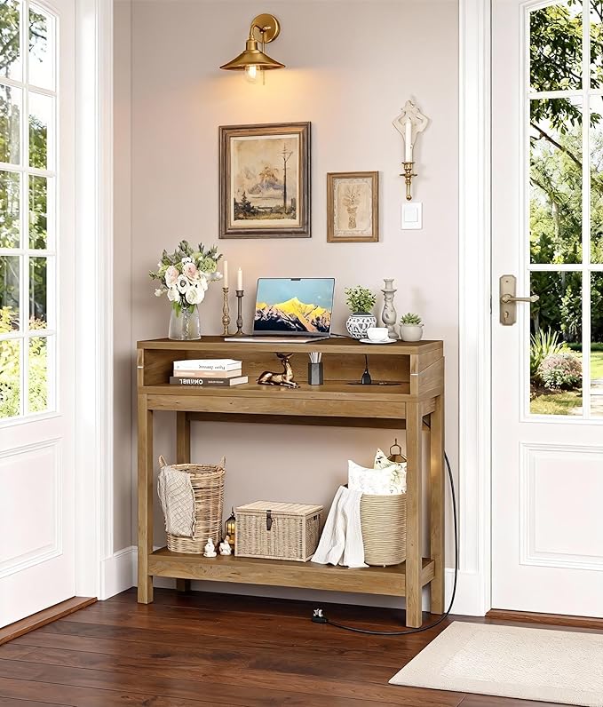 Foldable 38" Console Table with Charging Station & Storage, Side Table with Charging, Entryway Table with Anti-Tip Design,Rustic,Rustic Brown