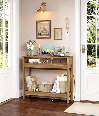 Foldable 38" Console Table with Charging Station & Storage, Side Table with Charging, Entryway Table with Anti-Tip Design,Rustic,Rustic Brown