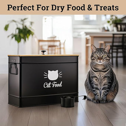 Cat Food Storage Container with Scoop - 15 lb (50 Cup) Capacity Metal Cat Food Container with Airtight Bamboo Lid & Metal Scoop - Airtight Pet Food Storage Containers - 15 lb Treats & Kibble Container