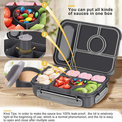 Bento Box Adult Lunch Box Kids,Lunch Containers for Adults/Kids/Toddler,5 Compartments Bento Lunch Box with Sauce Vontainers,Microwave & Dishwasher & Freezer Safe,BPA-Free (Dark Gray)