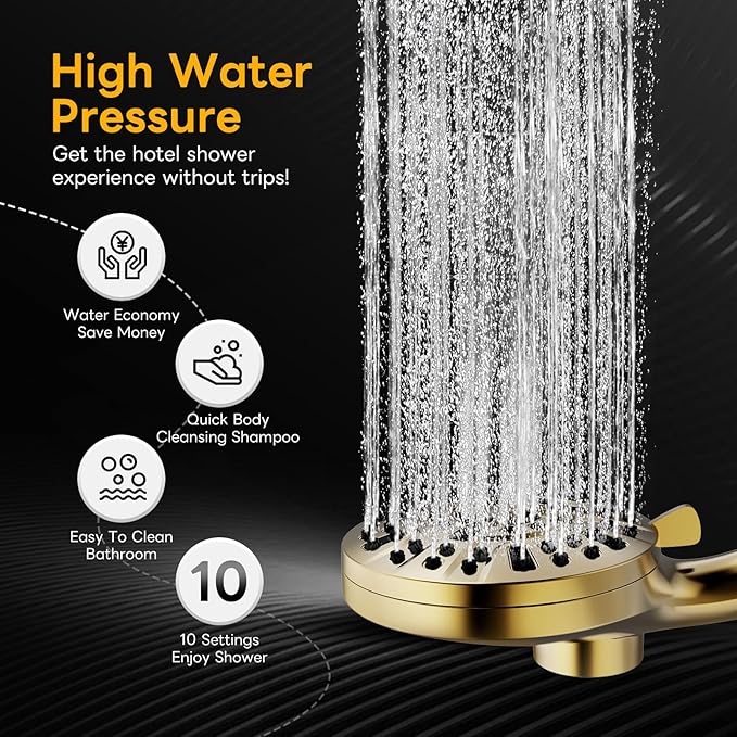 High Pressure 10 Ways Handheld Shower Head Brushed Gold- Anti-clog Nozzles, Built-in Power Wash to Clean Tub, Wall & Overhead Brackets,Magnetitc Rainfall Shower Wand,Built-in 2 Power Jet