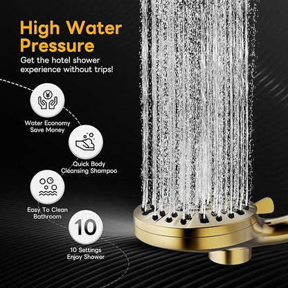 High Pressure 10 Ways Handheld Shower Head Brushed Gold- Anti-clog Nozzles, Built-in Power Wash to Clean Tub, Wall & Overhead Brackets,Magnetitc Rainfall Shower Wand,Built-in 2 Power Jet