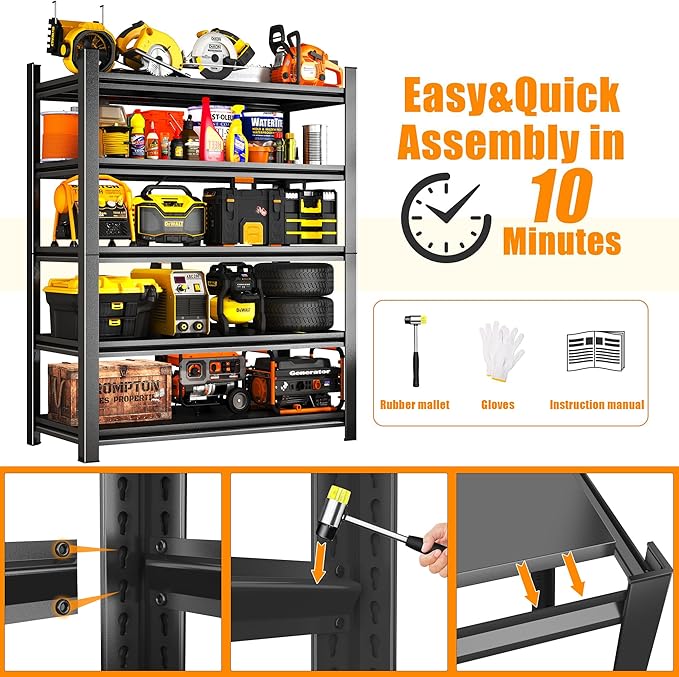 Garage Shelving Heavy Duty Garage Storage Shelves, 3600 LBS Adjustable 5 Tier Industrial Shelving Unit, Metal Utility Shelf for Basement, Warehouse and Workshop (72''Hx46''Wx16''D, Black)