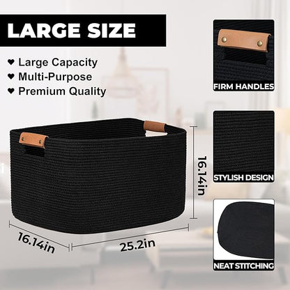 danpinera Large Woven Basket, 108 L Blanket Basket for Living Room, Nursery Bin for Toys Organizing & Laundry, Cotton Rope Hamper with Leather Handle, 25’’*16’’*16’’ Black