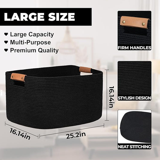 danpinera Large Woven Basket, 108 L Blanket Basket for Living Room, Nursery Bin for Toys Organizing & Laundry, Cotton Rope Hamper with Leather Handle, 25’’*16’’*16’’ Black