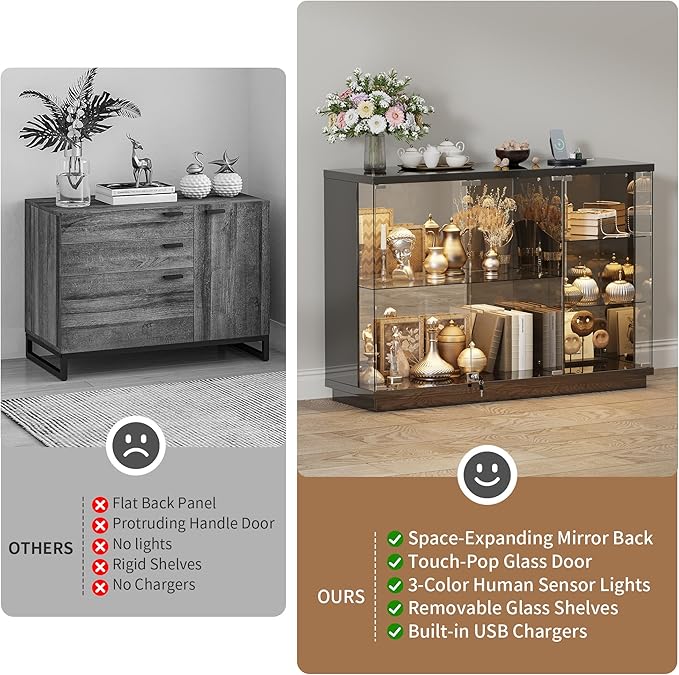 HNEBC Lockable Display Curio Cabinet with Glass Door,47.2" W Glass Display Cabinet with 3 Color Lights for Collectibles,5-Tier Lighted Display Case with Human Sensor,Living Room,Black