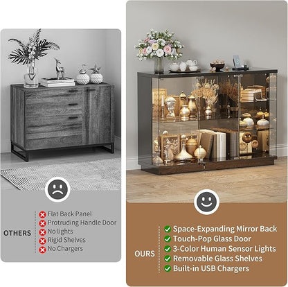 HNEBC Lockable Display Curio Cabinet with Glass Door,47.2" W Glass Display Cabinet with 3 Color Lights for Collectibles,5-Tier Lighted Display Case with Human Sensor,Living Room,Black