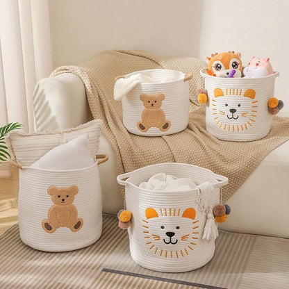 Large Blanket Baskets for Living Room Decor, Toy Storage Baskets Woven Cotton Rope Teddy Storage Basket for Kids, Dog Toys Organizer Clothes Hamper with Embroidery Decor for Nursery (Large, Bear)