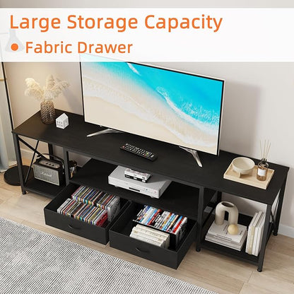 GYIIYUO TV Stand with Fabric Drawers for 75 80 Inches TV - Entertainment Center and Industrial TV Console Table with Open Storage Shelves for Living Room, Bedroom- 71.5" Black