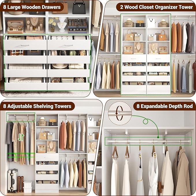 Aheaplus Closet System with Drawers Set of 2, Wood Closet Organizer System with 8 Hanging Rods & Top Shelves, Walk-in Closets Organizer Wardrobe Clothes Rack System, Cut Fits Spaces 4-9FT, White1