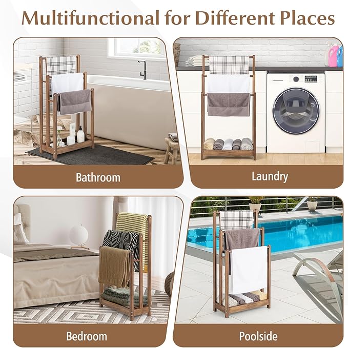 Giantex Towel Rack for Bathroom - 3 Tier Freestanding Towel Racks with Storage Shelf, Wood Hand Towel Drying Stand, Blanket Holder for Living Room, Laundry Room, 18" L x 9" W x 34" H (Rustic Brown)