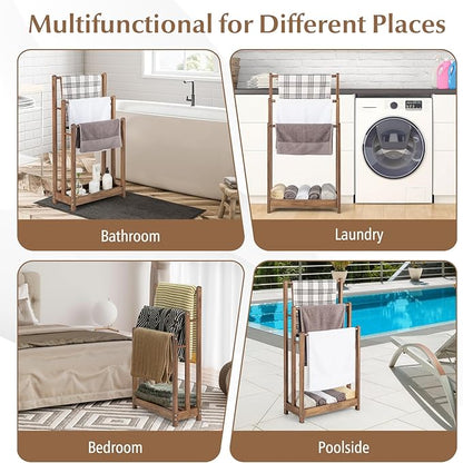 Giantex Towel Rack for Bathroom - 3 Tier Freestanding Towel Racks with Storage Shelf, Wood Hand Towel Drying Stand, Blanket Holder for Living Room, Laundry Room, 18" L x 9" W x 34" H (Rustic Brown)